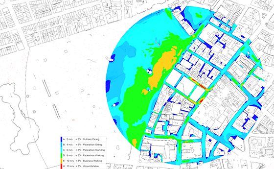 在SimScale中使用LBM求解器的市中心CAD模型行人风舒适图。较高的风速用红色表示，对行人来说是不舒服或不安全的