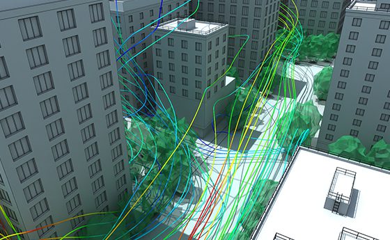 渲染图像的速度流线通过城市CAD模型风舒适分析。树木是根据它们对风速的影响来建模的